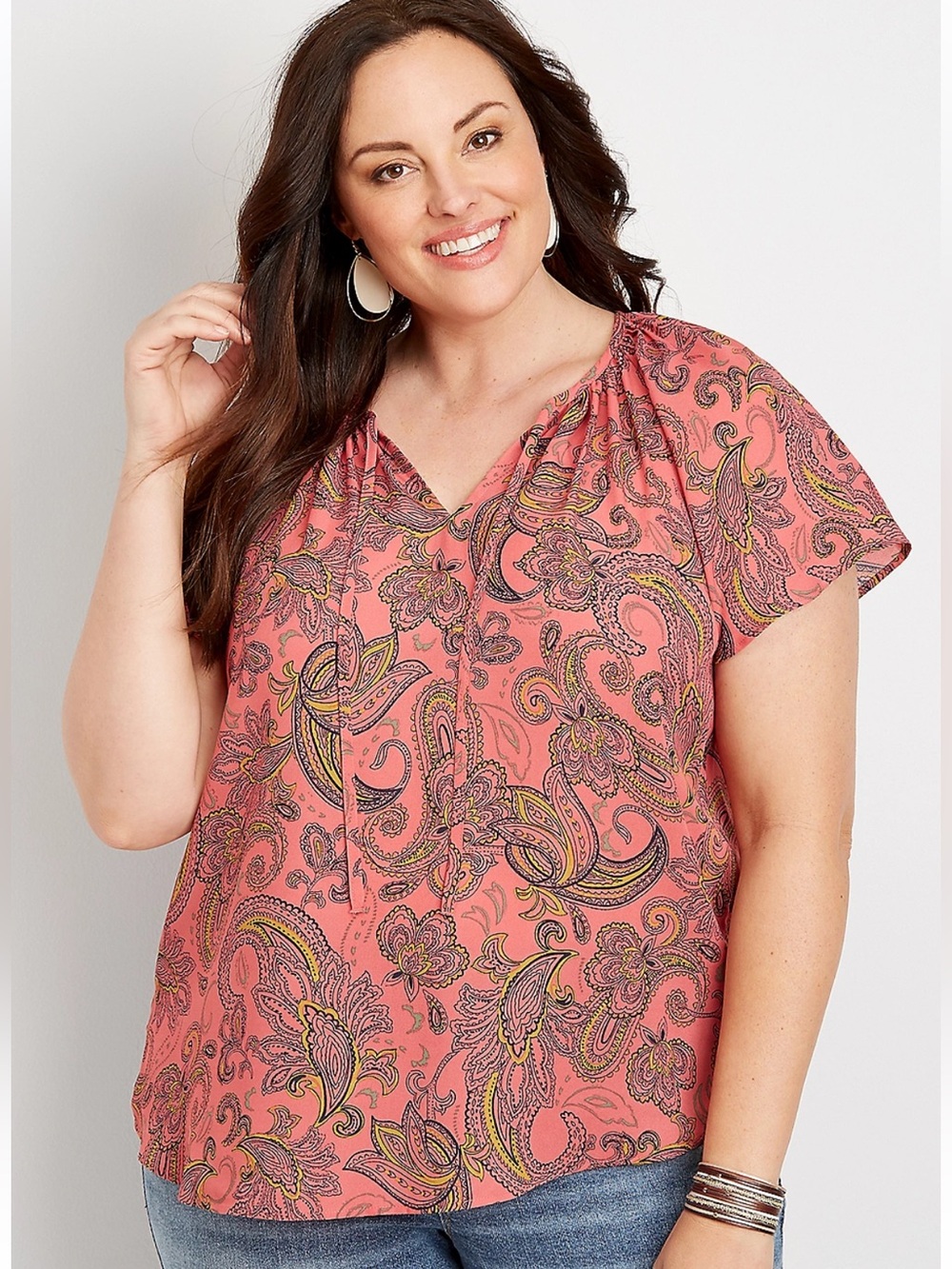 Maurice’s Pink Paisley Short Flutter Sleeve Top With Tie Neck Size 14